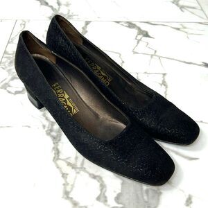 Vintage Salvatore Ferragamo Black Suede Block Heels with Squiggly Design Size 10